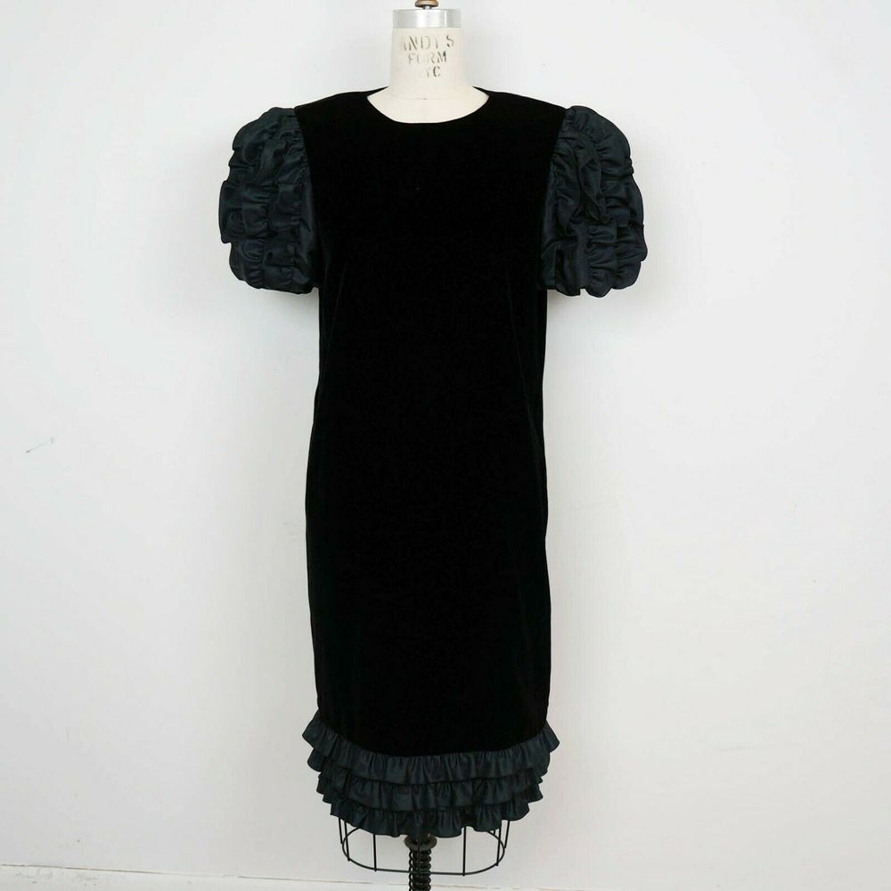 Vintage 80s Dress Velvet Ruffles Puff Sleeves